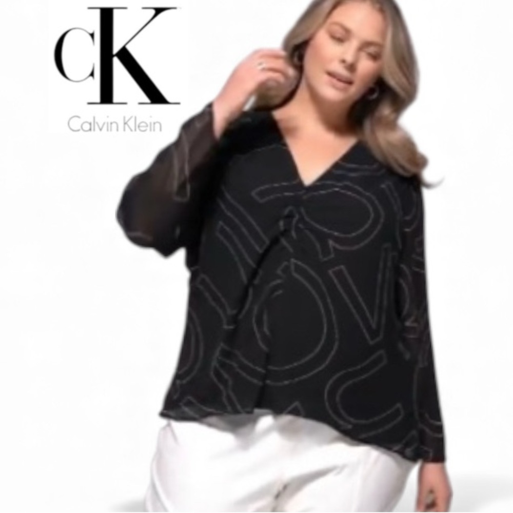 1X Calvin Klein Black Blouse with CK Letter Pattern and Sheer Sleeves, NWT